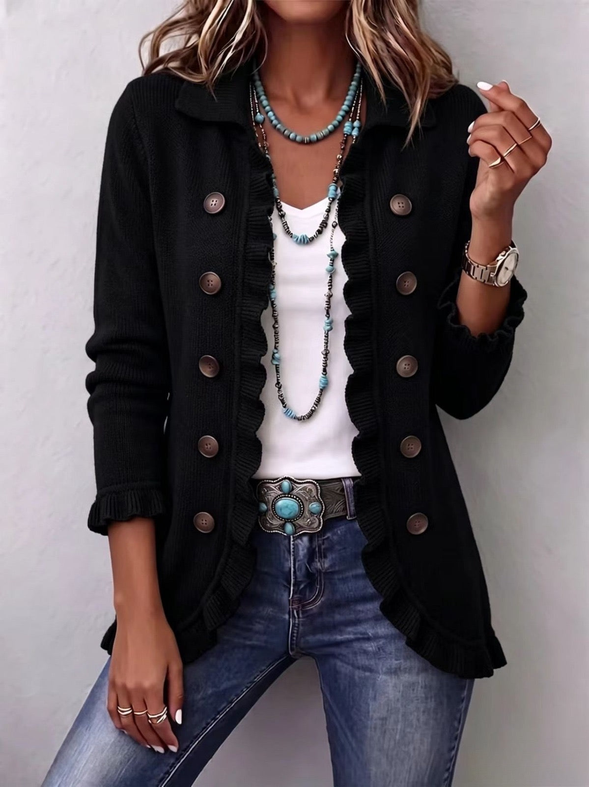 Camila · Giacca in maglia nero con volant