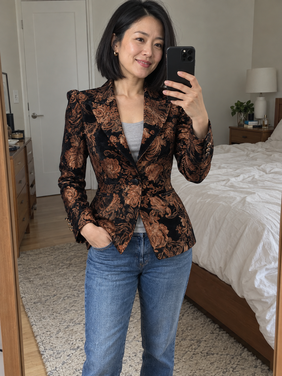 Foto · Zelmira · Blazer floreale nero e bronzo