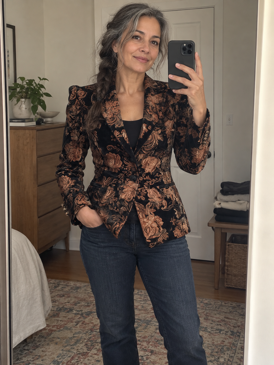 Foto · Zelmira · Blazer floreale nero e bronzo