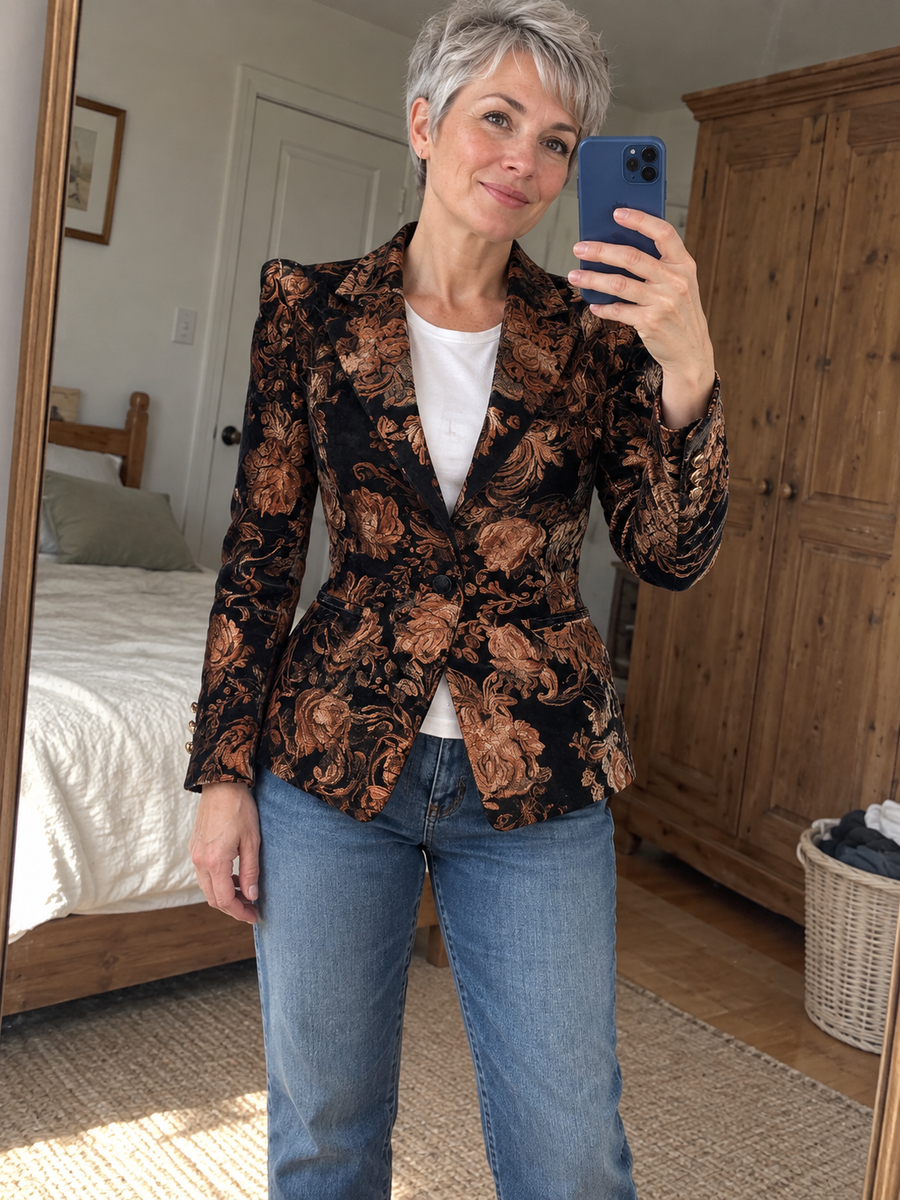 Foto · Zelmira · Blazer floreale nero e bronzo