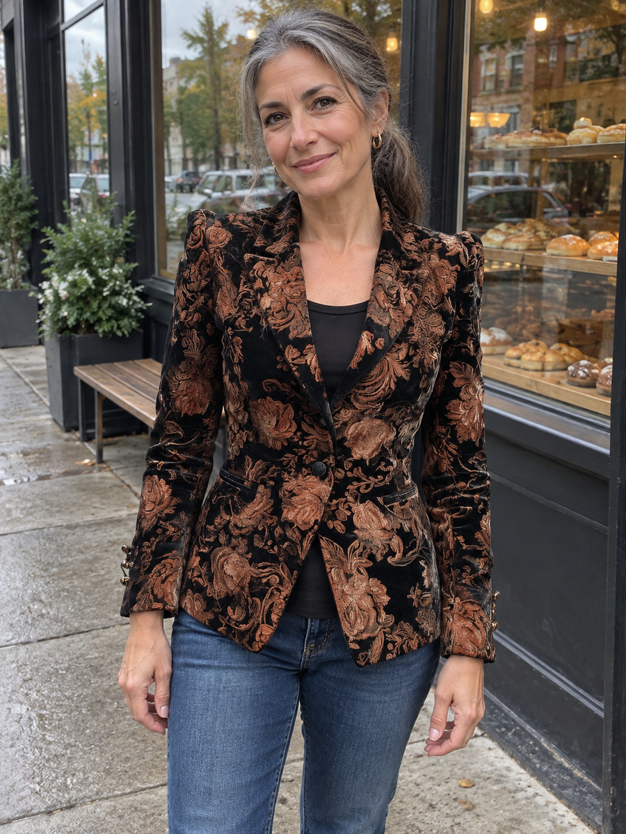 Foto · Zelmira · Blazer floreale nero e bronzo
