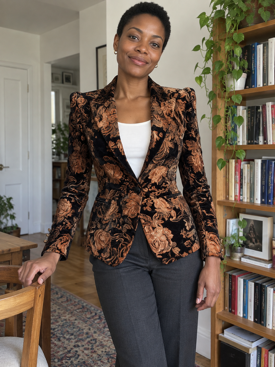Foto · Zelmira · Blazer floreale nero e bronzo
