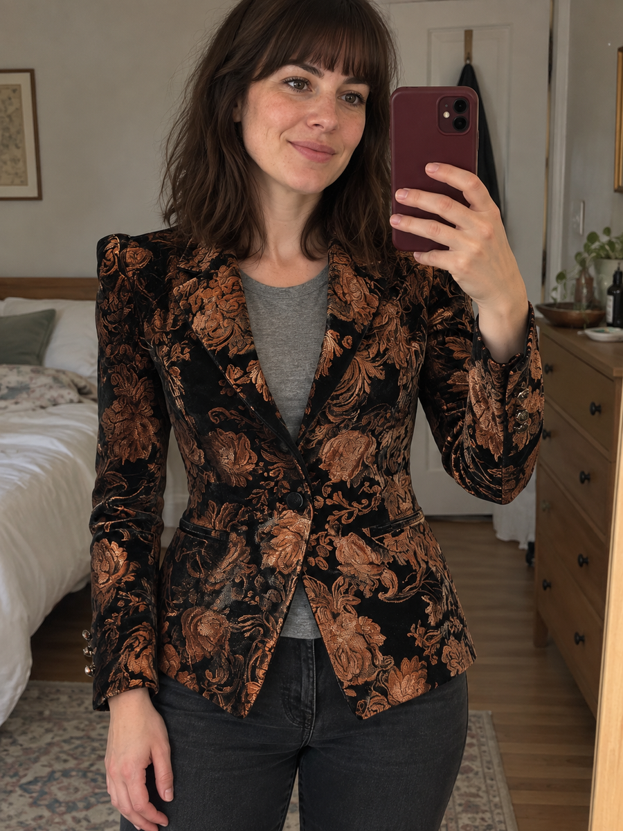 Foto · Zelmira · Blazer floreale nero e bronzo