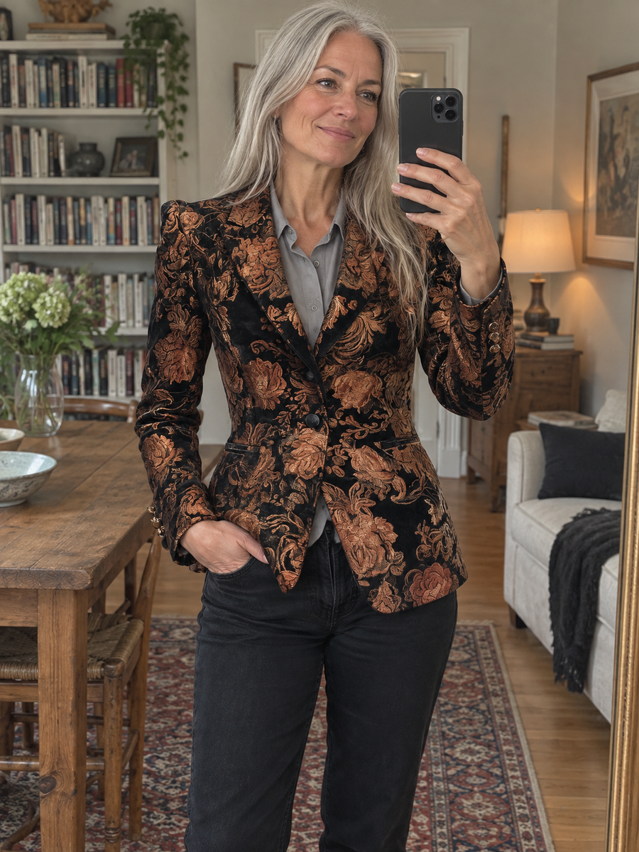 Foto · Zelmira · Blazer floreale nero e bronzo