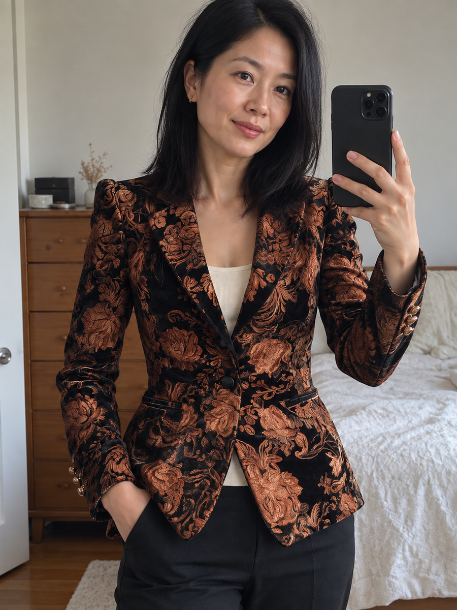 Foto · Zelmira · Blazer floreale nero e bronzo