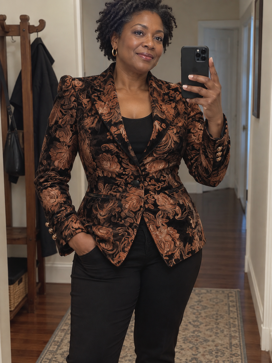 Foto · Zelmira · Blazer floreale nero e bronzo