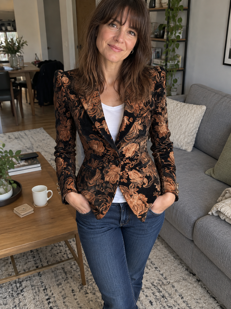 Foto · Zelmira · Blazer floreale nero e bronzo