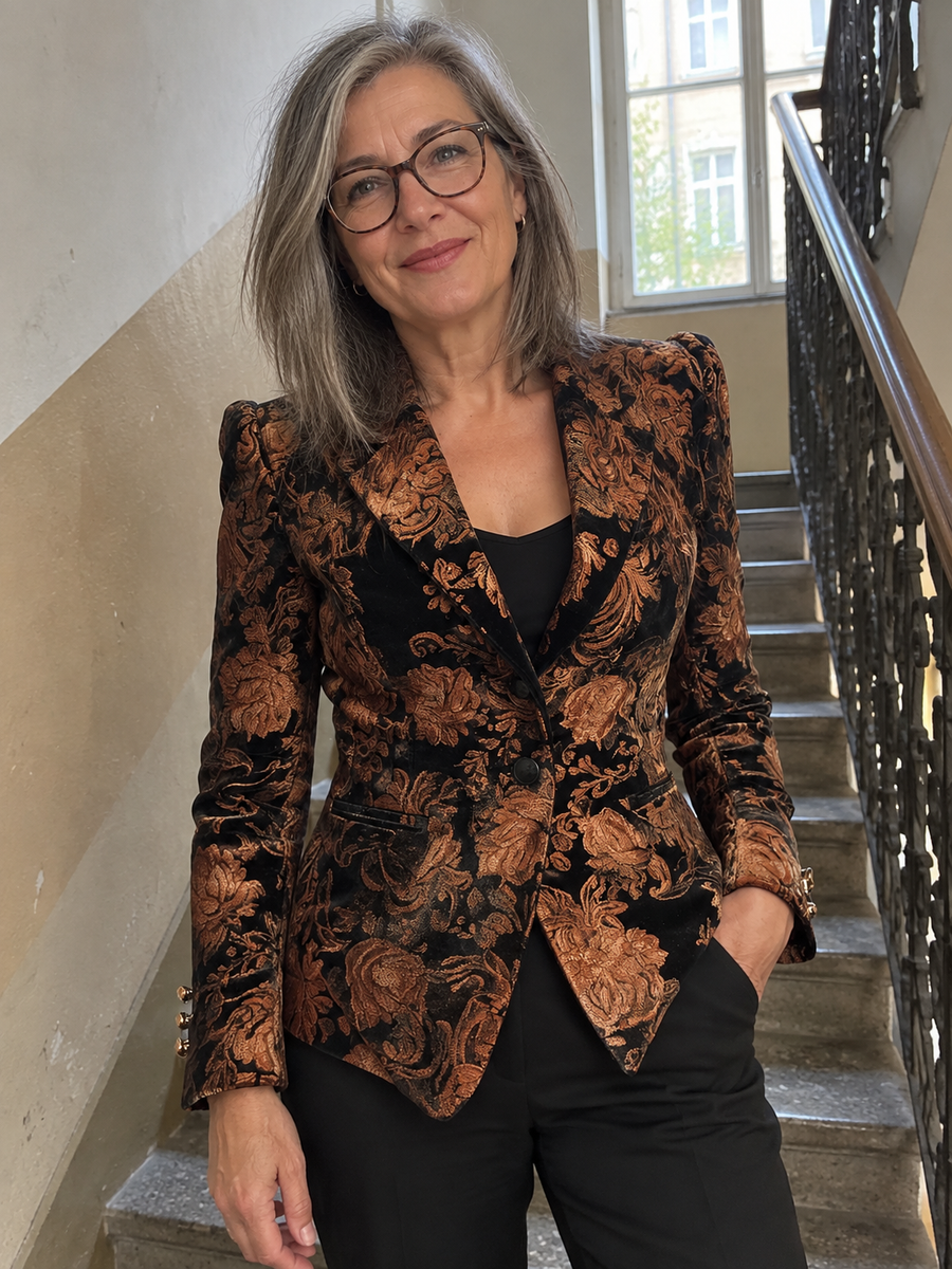 Foto · Zelmira · Blazer floreale nero e bronzo