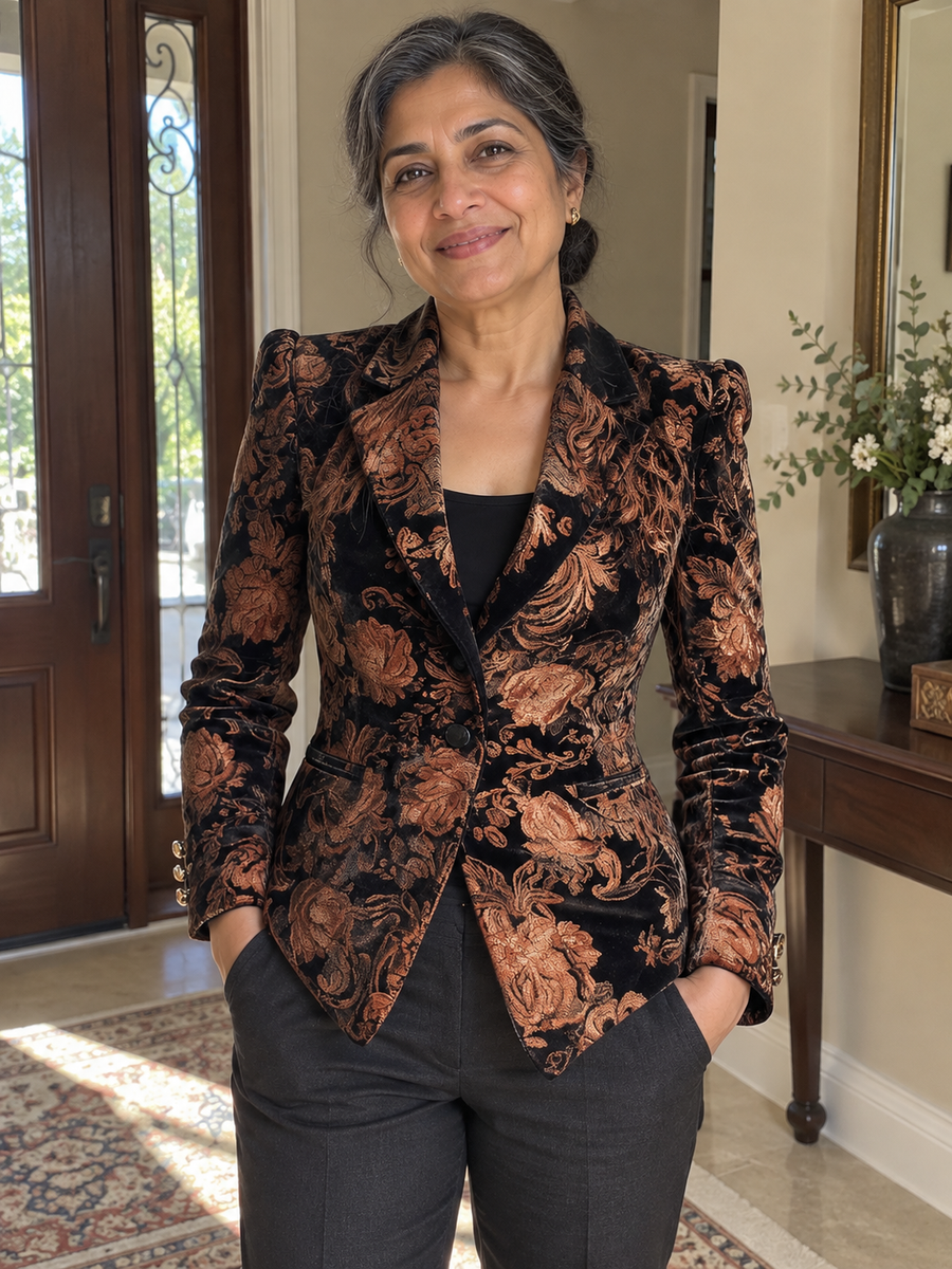 Foto · Zelmira · Blazer floreale nero e bronzo