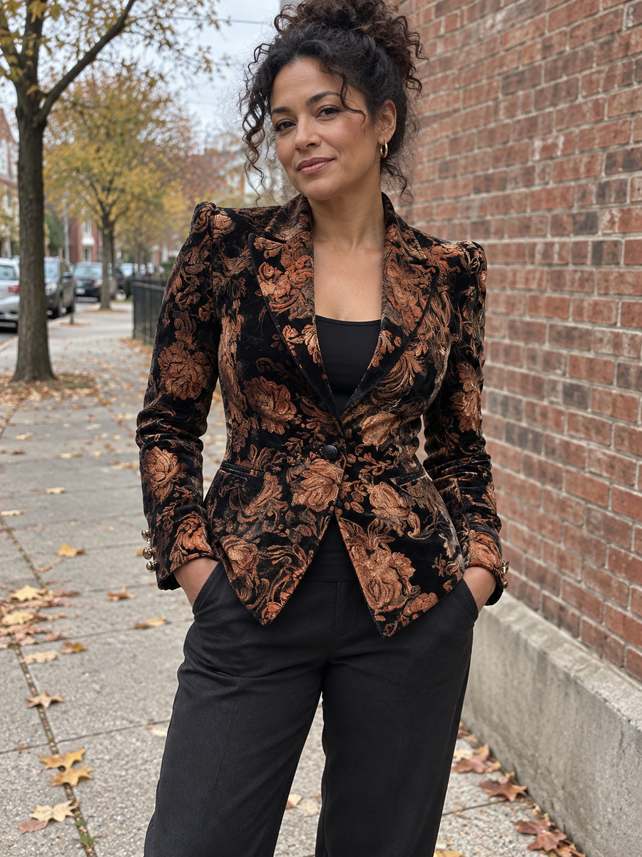 Foto · Zelmira · Blazer floreale nero e bronzo