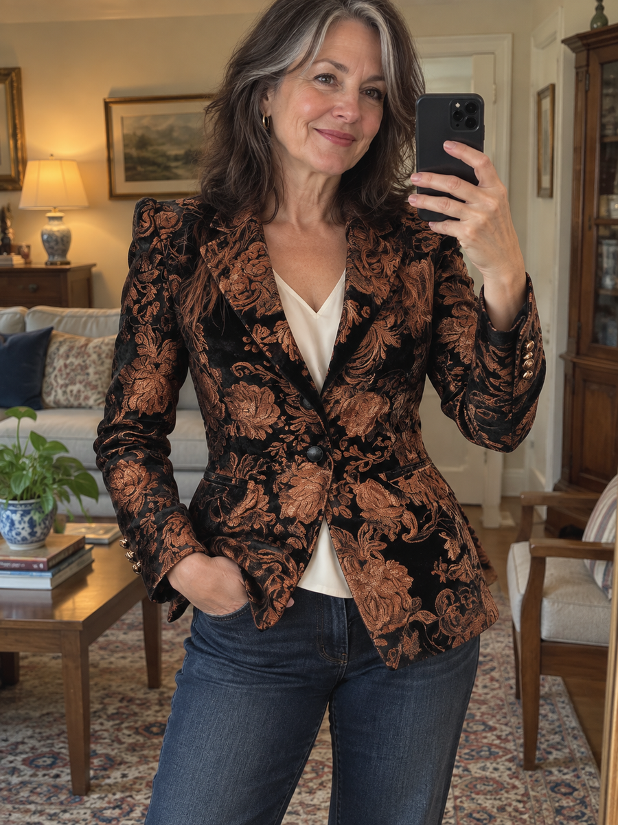 Foto · Zelmira · Blazer floreale nero e bronzo