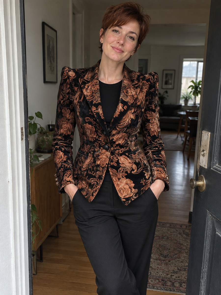 Foto · Zelmira · Blazer floreale nero e bronzo