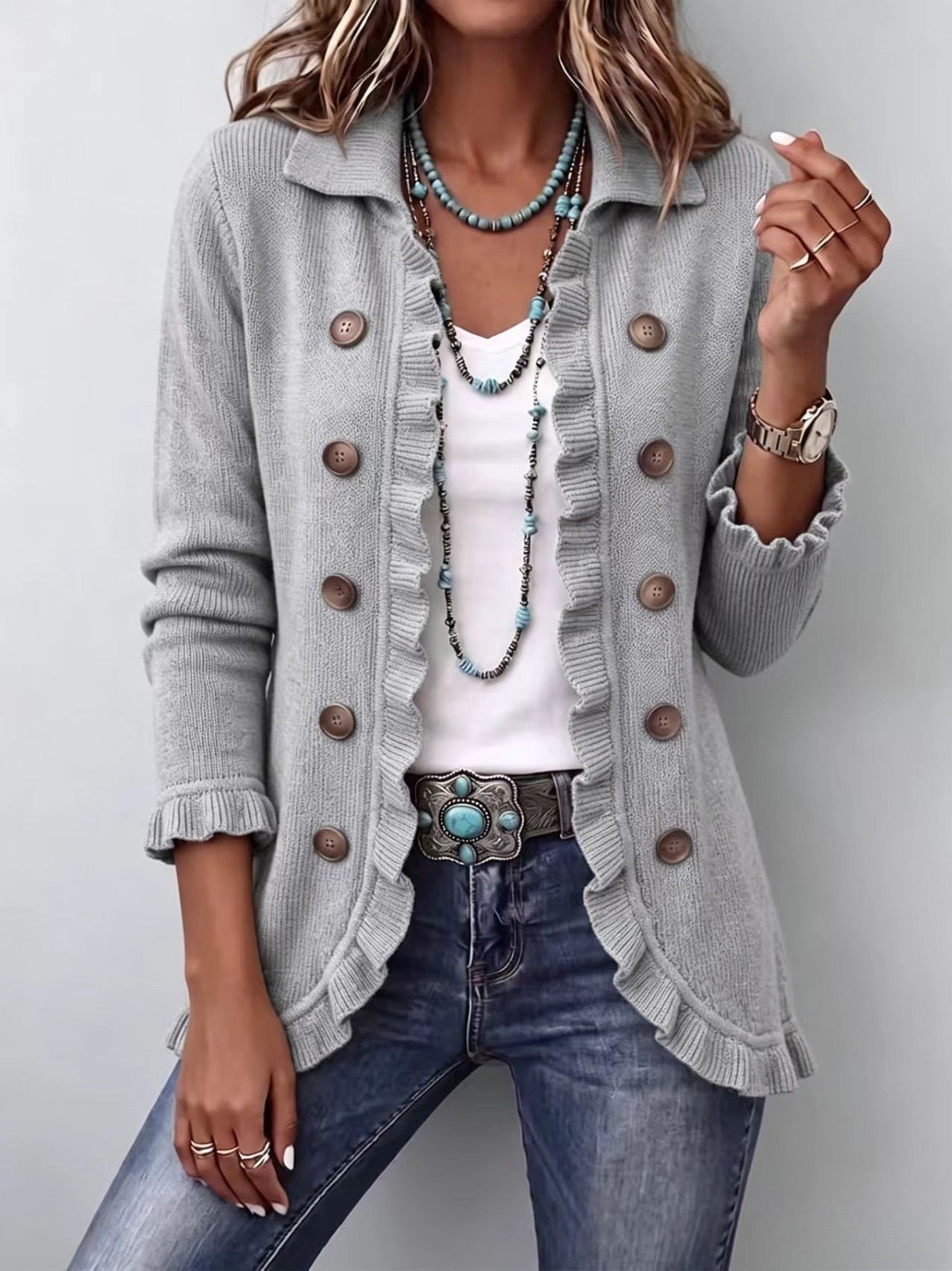 Eloísa · Giacca in maglia grigio mélange con volant