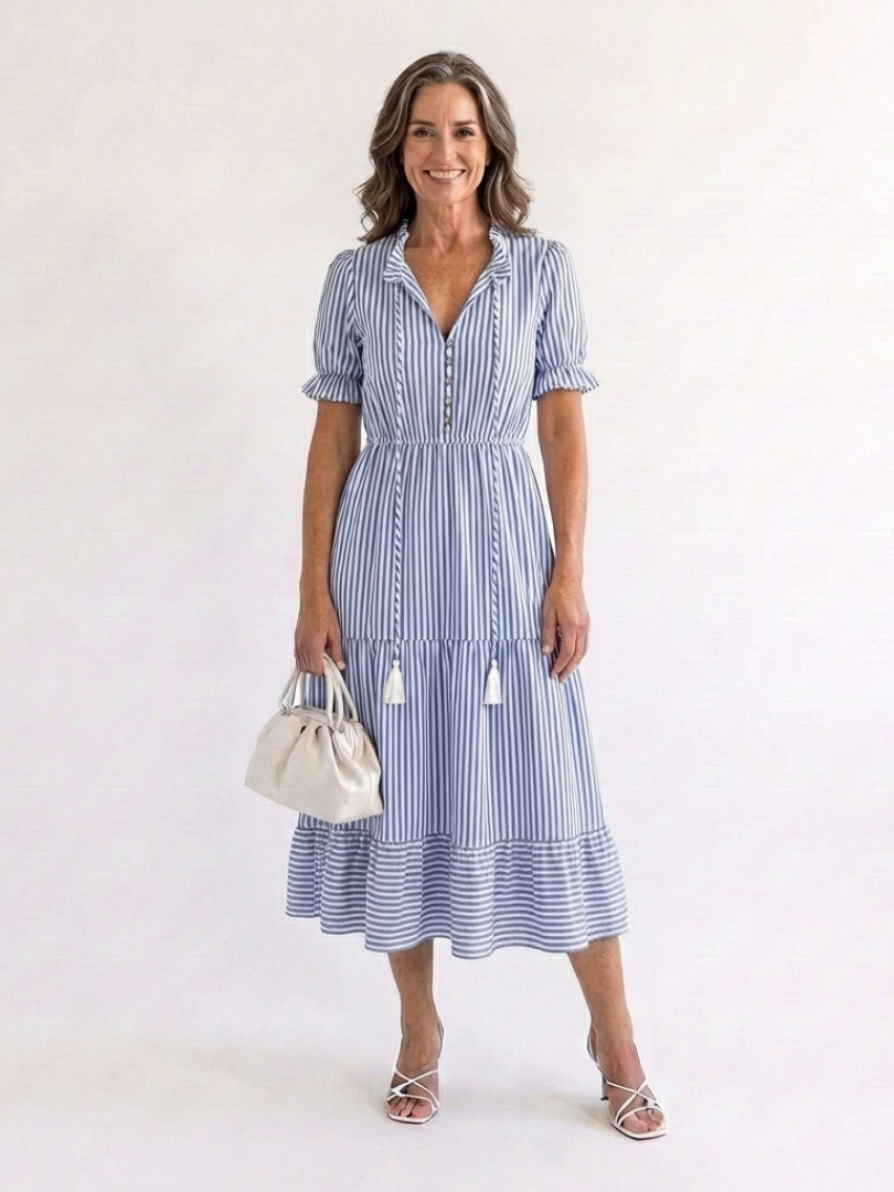 Dakota | Abito midi con capas a rayas de maniche corto