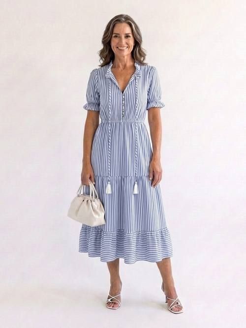 Dakota | Abito midi con capas a rayas de maniche corto