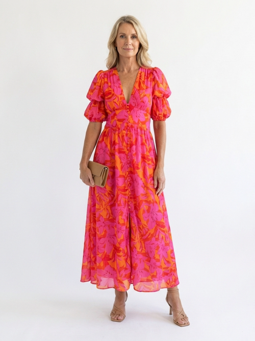 Alessia  | Abito midi con stampato floreale, cuello en V y maniche abullonadas