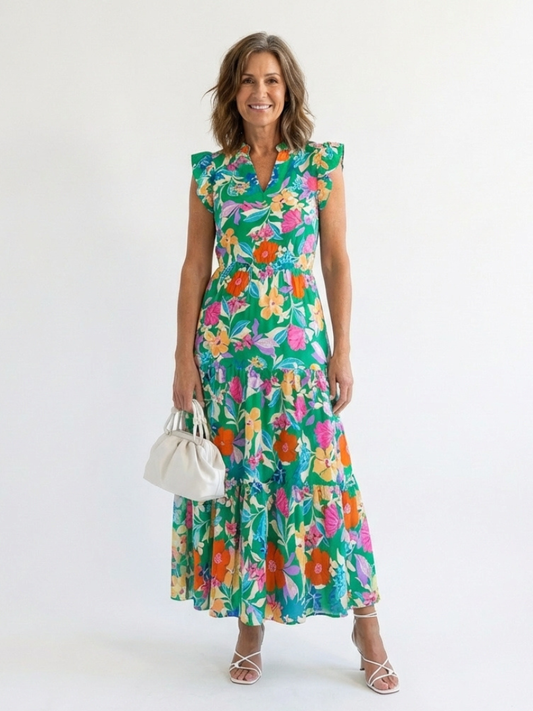 Lila | Abito midi con cuello en V y volant, con stampato floreale