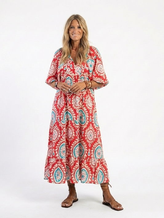 Zoe  | Abito midi de maniche corto con cuello en V y stampato Paisley