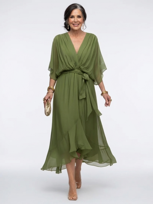 Jade | Abito midi con cuello en V, cintura drapeada y lazo