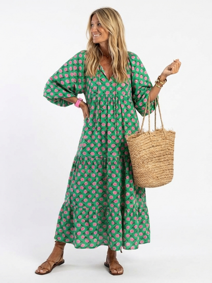 Fiora | Abito midi floreale con scollo a V e balze