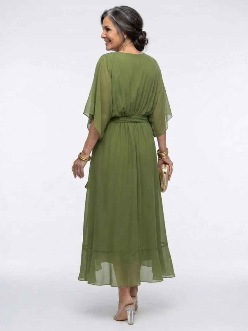 Jade | Abito midi con cuello en V, cintura drapeada y lazo