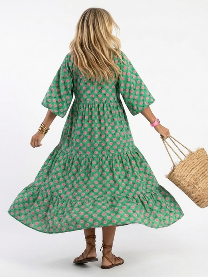 Fiora | Abito midi floreale con scollo a V e balze