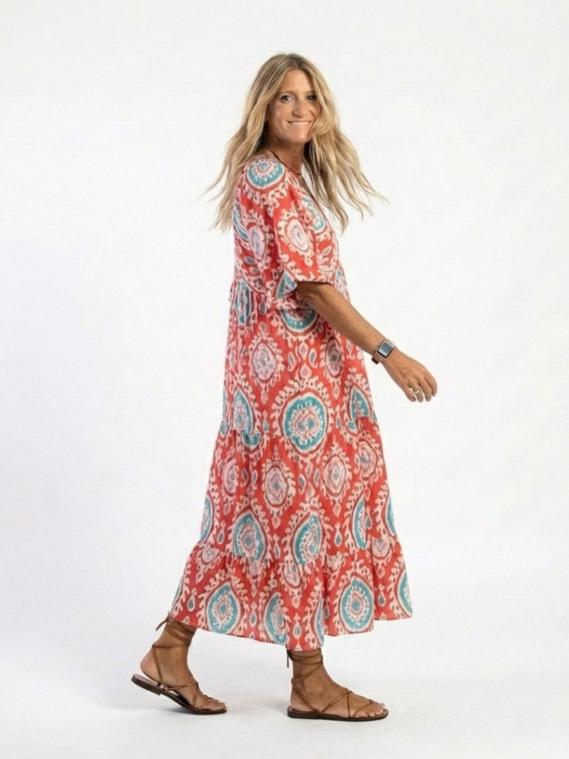 Zoe  | Abito midi de maniche corto con cuello en V y stampato Paisley