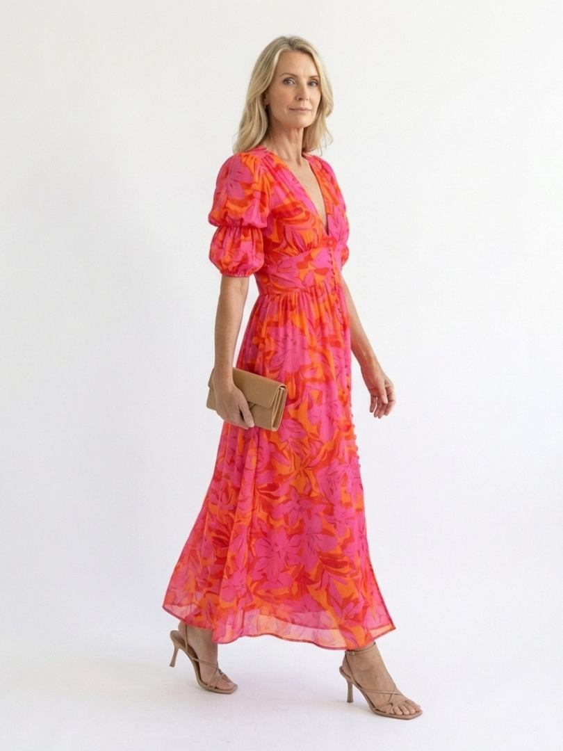 Alessia  | Abito midi con stampato floreale, cuello en V y maniche abullonadas