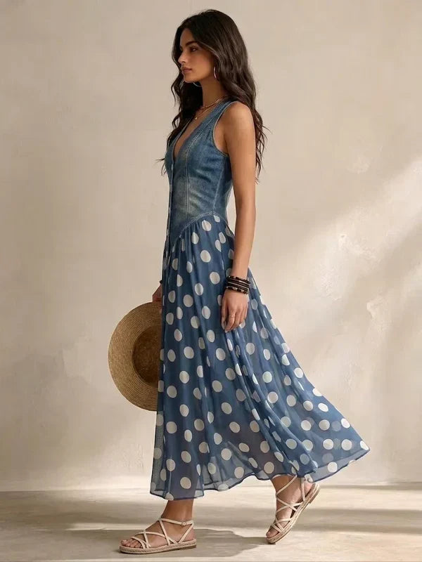 Alba Abito Efecto denim Elegante con Gonna in Chiffon a Pois