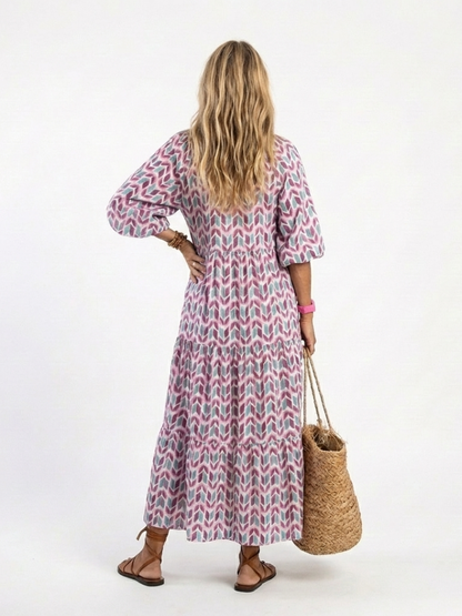 Nadia | Abito midi a strati con maniche lunghe e stampa geometrica