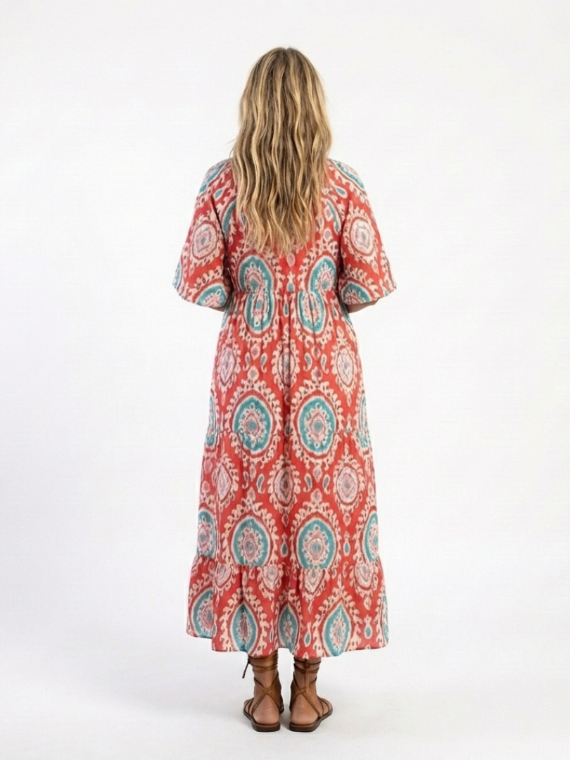 Zoe  | Abito midi de maniche corto con cuello en V y stampato Paisley