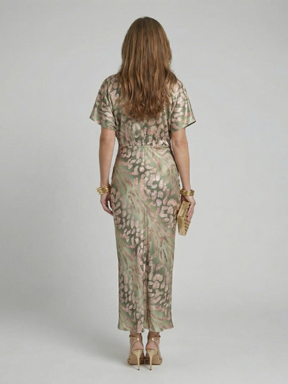 Coral | Abito midi con stampa astratta, scollo a V e vita drappeggiata