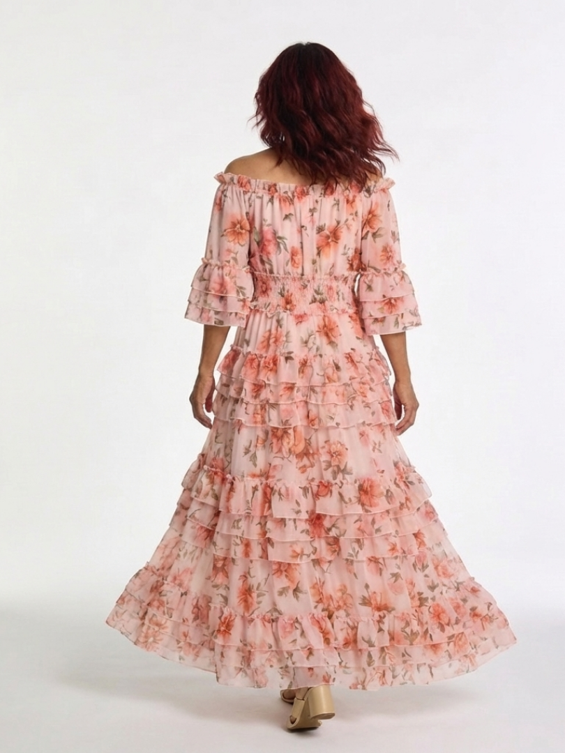 Rosalia | Abito lungo con volant florealees y hombros al aire