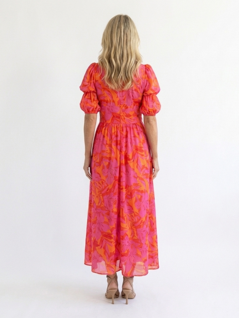Alessia  | Abito midi con stampato floreale, cuello en V y maniche abullonadas