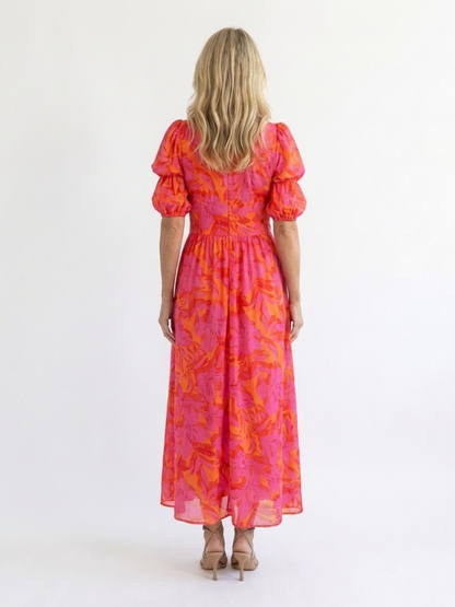 Alessia | Abito midi floreale con scollo a V e maniche a sbuffo