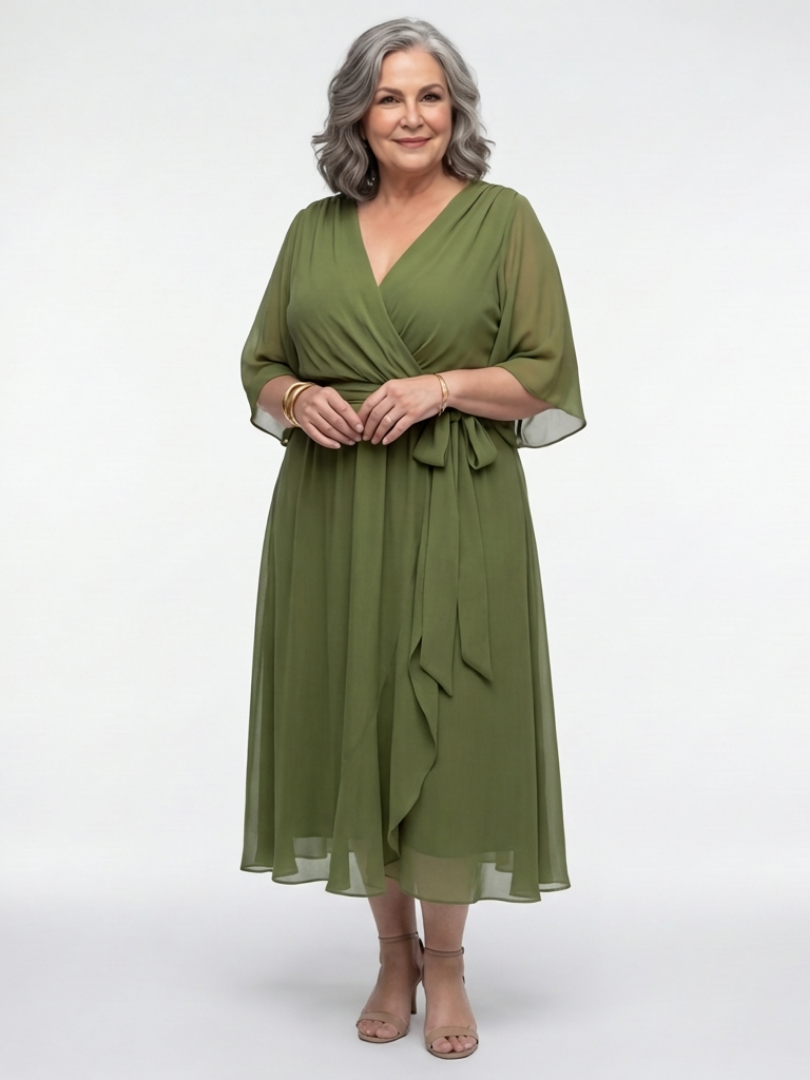 Jade | Abito midi con cuello en V, cintura drapeada y lazo