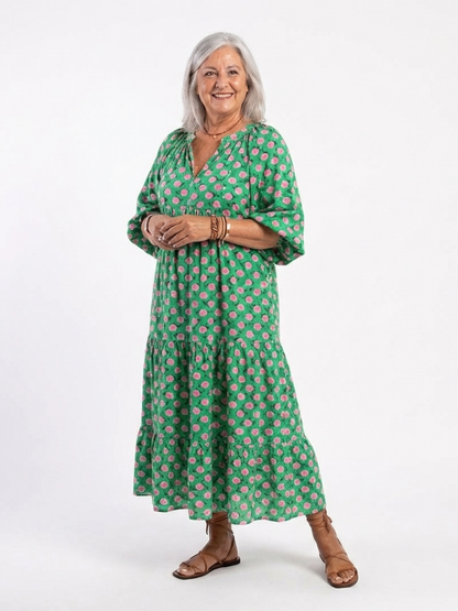 Fiora | Abito midi floreale con scollo a V e balze