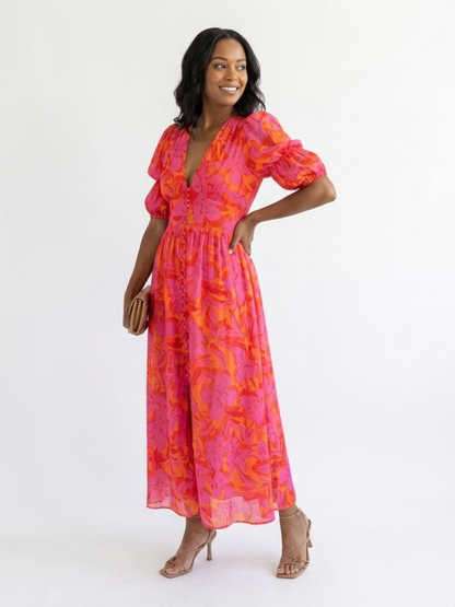 Alessia | Abito midi floreale con scollo a V e maniche a sbuffo