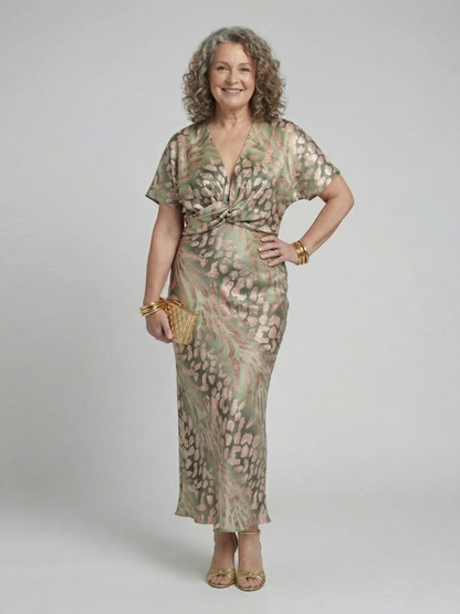 Coral | Abito midi con stampa astratta, scollo a V e vita drappeggiata