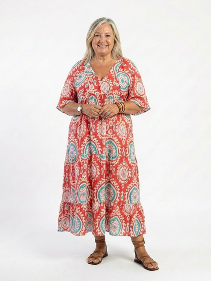 Zoe | Abito midi a maniche corte con scollo a V e stampa paisley