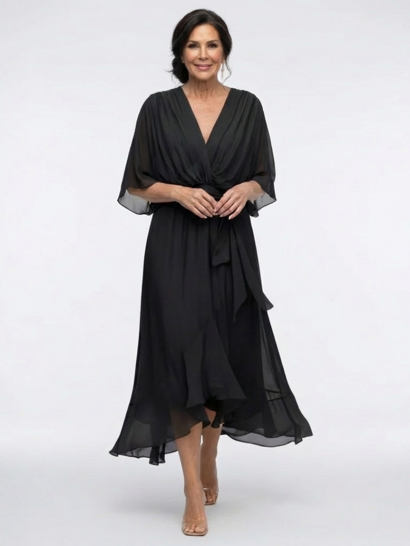 Jade | Abito midi con cuello en V, cintura drapeada y lazo