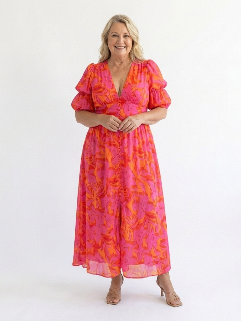 Alessia  | Abito midi con stampato floreale, cuello en V y maniche abullonadas