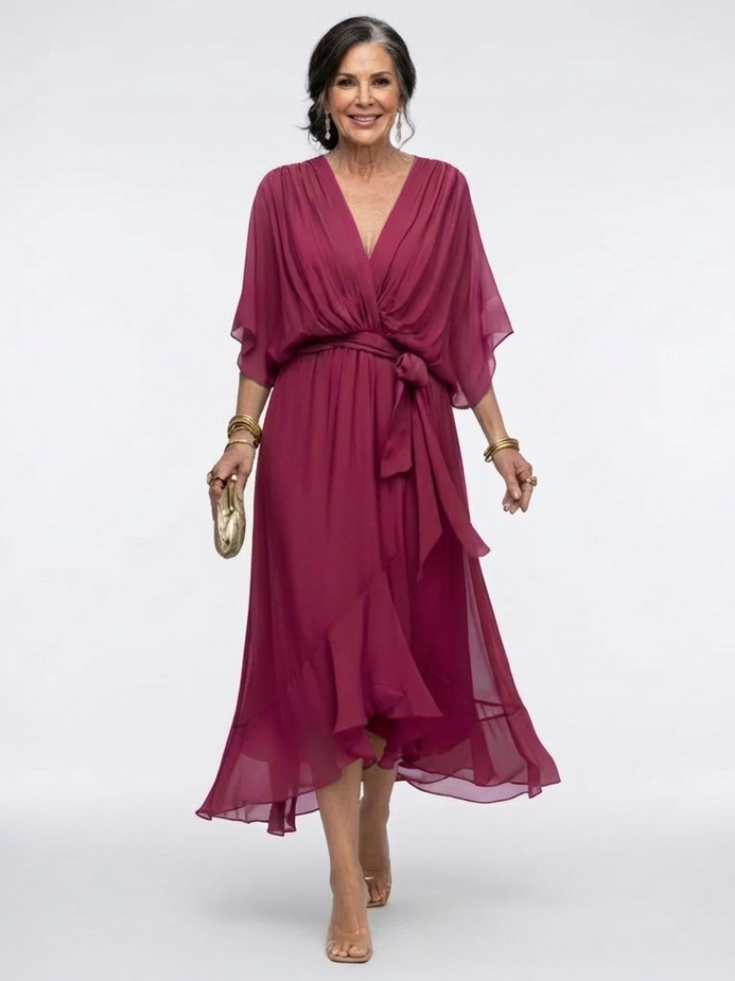 Jade | Abito midi con cuello en V, cintura drapeada y lazo