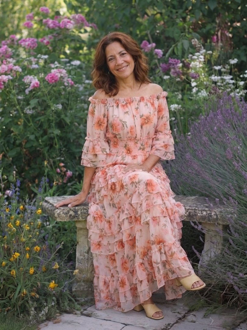 Rosalia | Abito lungo con volant florealees y hombros al aire