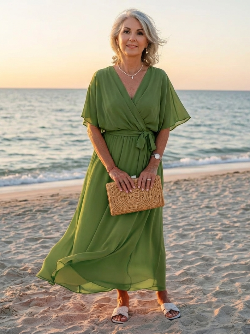 Jade | Abito midi con cuello en V, cintura drapeada y lazo