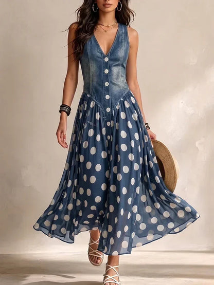 Alba | Abito effetto denim con gonna in chiffon a pois