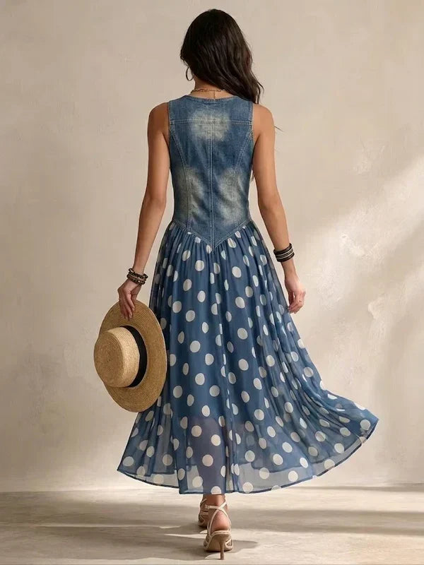 Alba Abito Efecto denim Elegante con Gonna in Chiffon a Pois