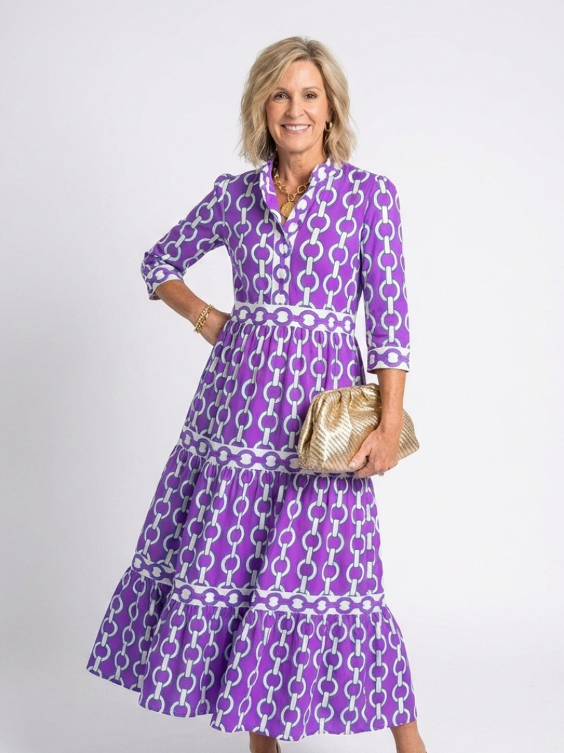 Martina | Abito midi con estampado de cadenas y mangas tres cuartos