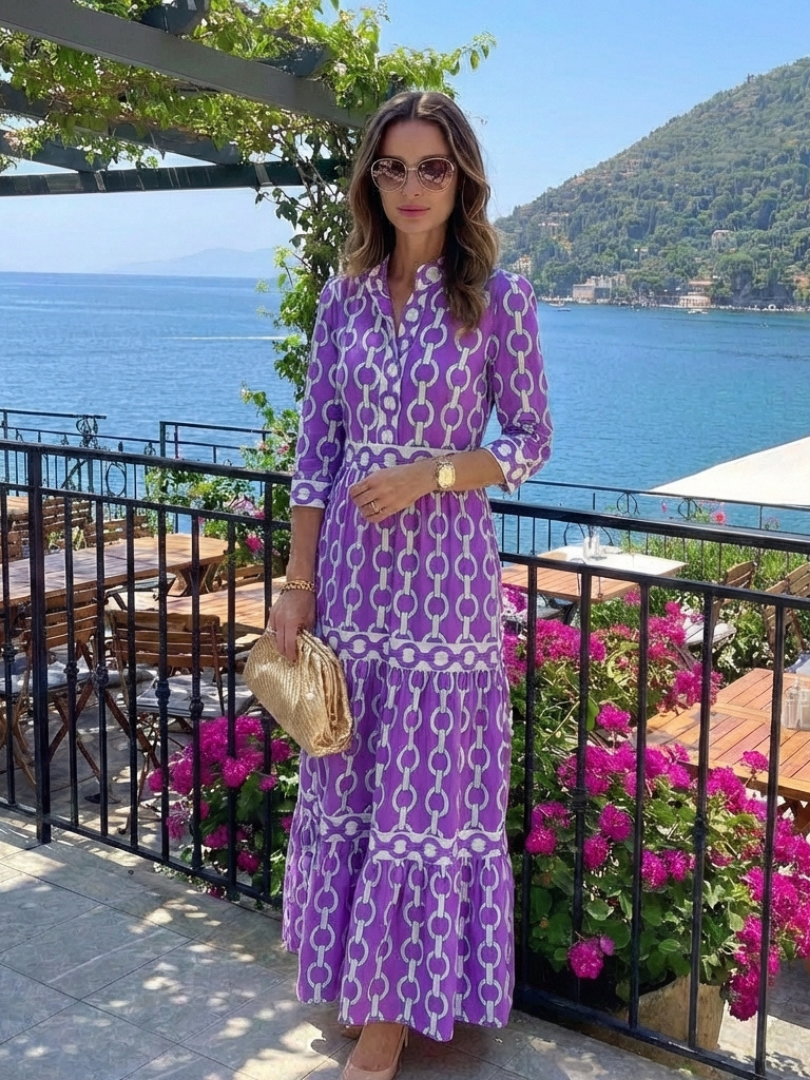 Martina | Abito midi con estampado de cadenas y mangas tres cuartos