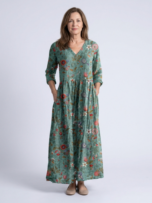 Marina | Abito lungo con stampato floreale, cuello en V y maniche tres cuartos